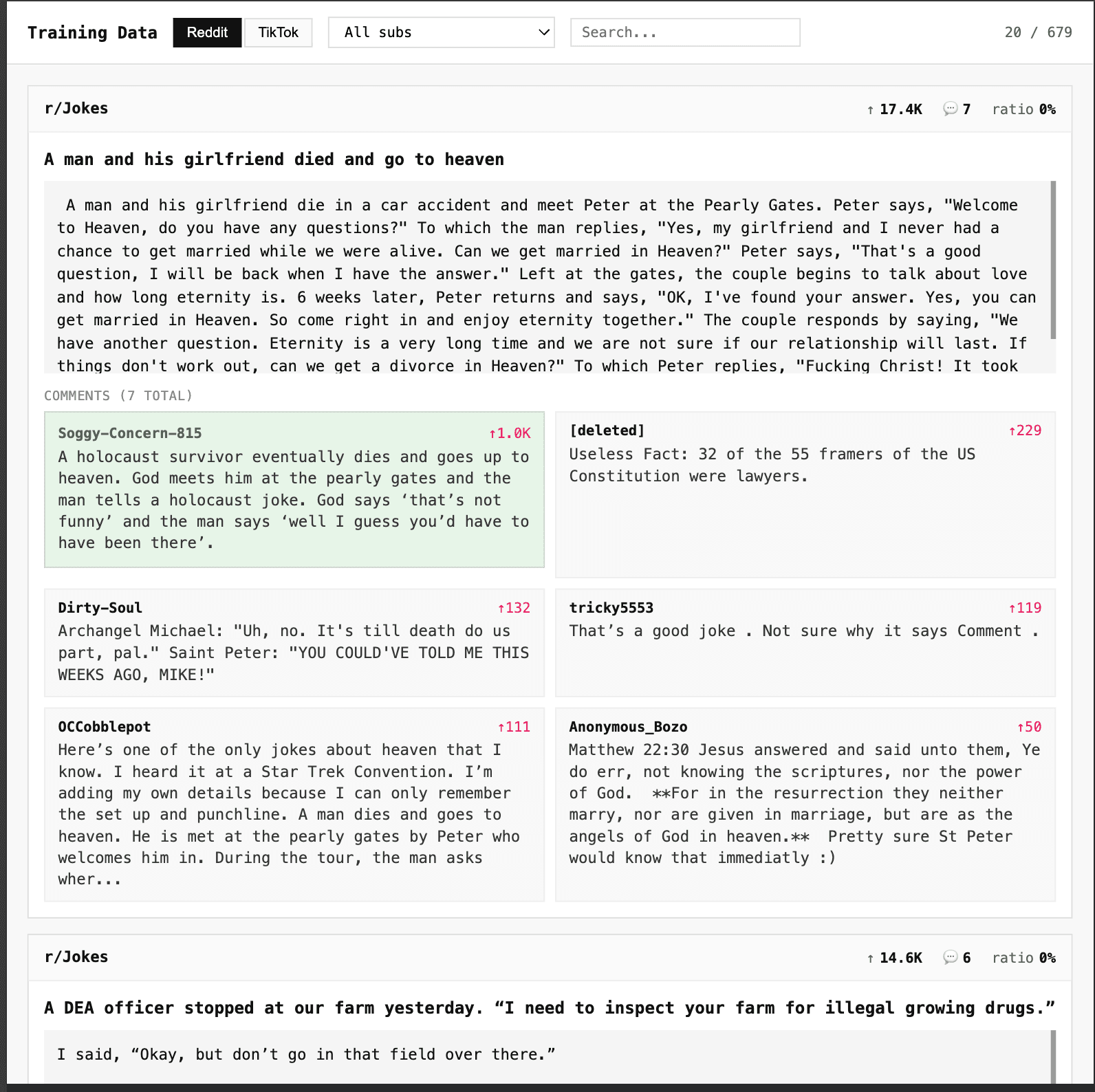 Reddit scraper showing r/Jokes posts