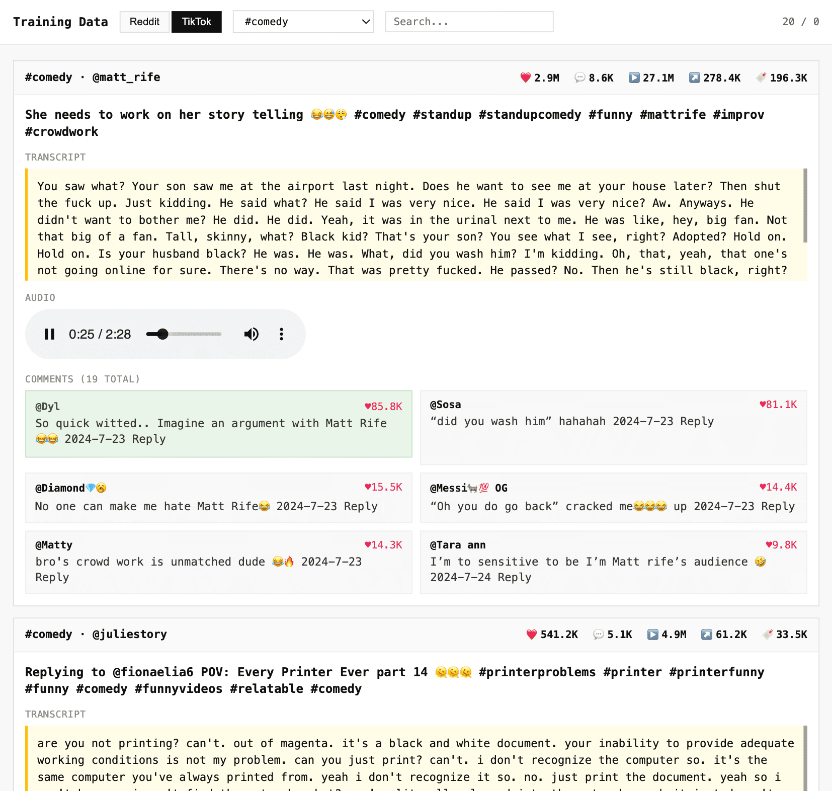 TikTok scraper UI showing comedy videos with transcripts and comments